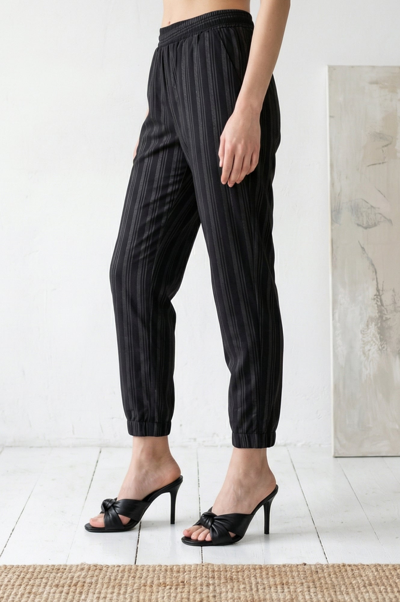 Black Striped Ankle Length Straight Pants