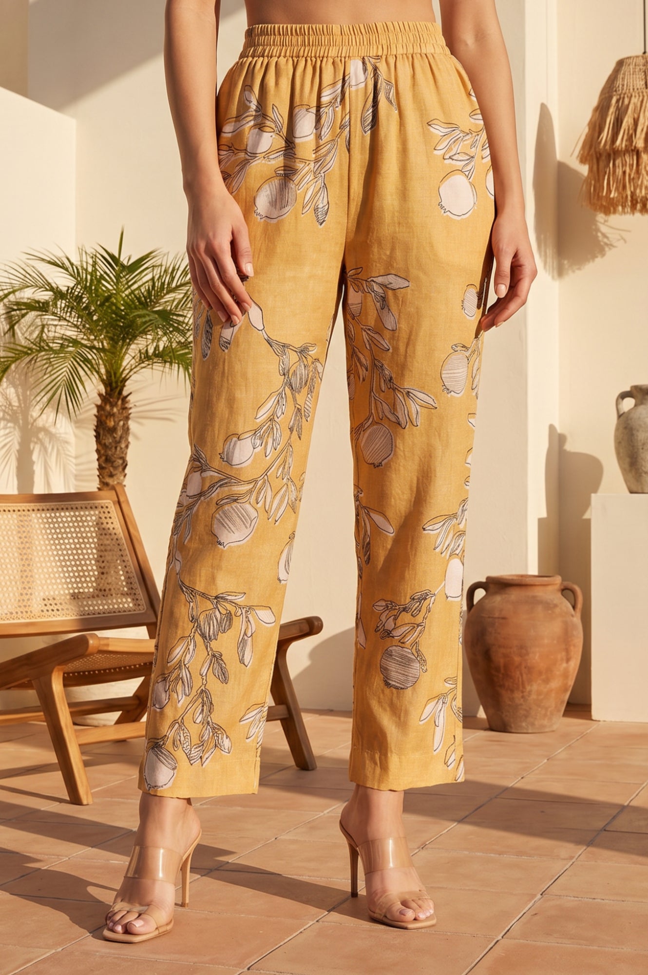 Mustard Floral Printed Straight Fit Mid Rise Pants
