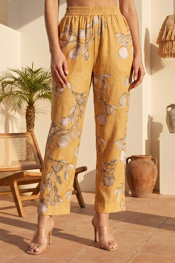 Mustard Floral Printed Straight Fit Mid Rise Pants