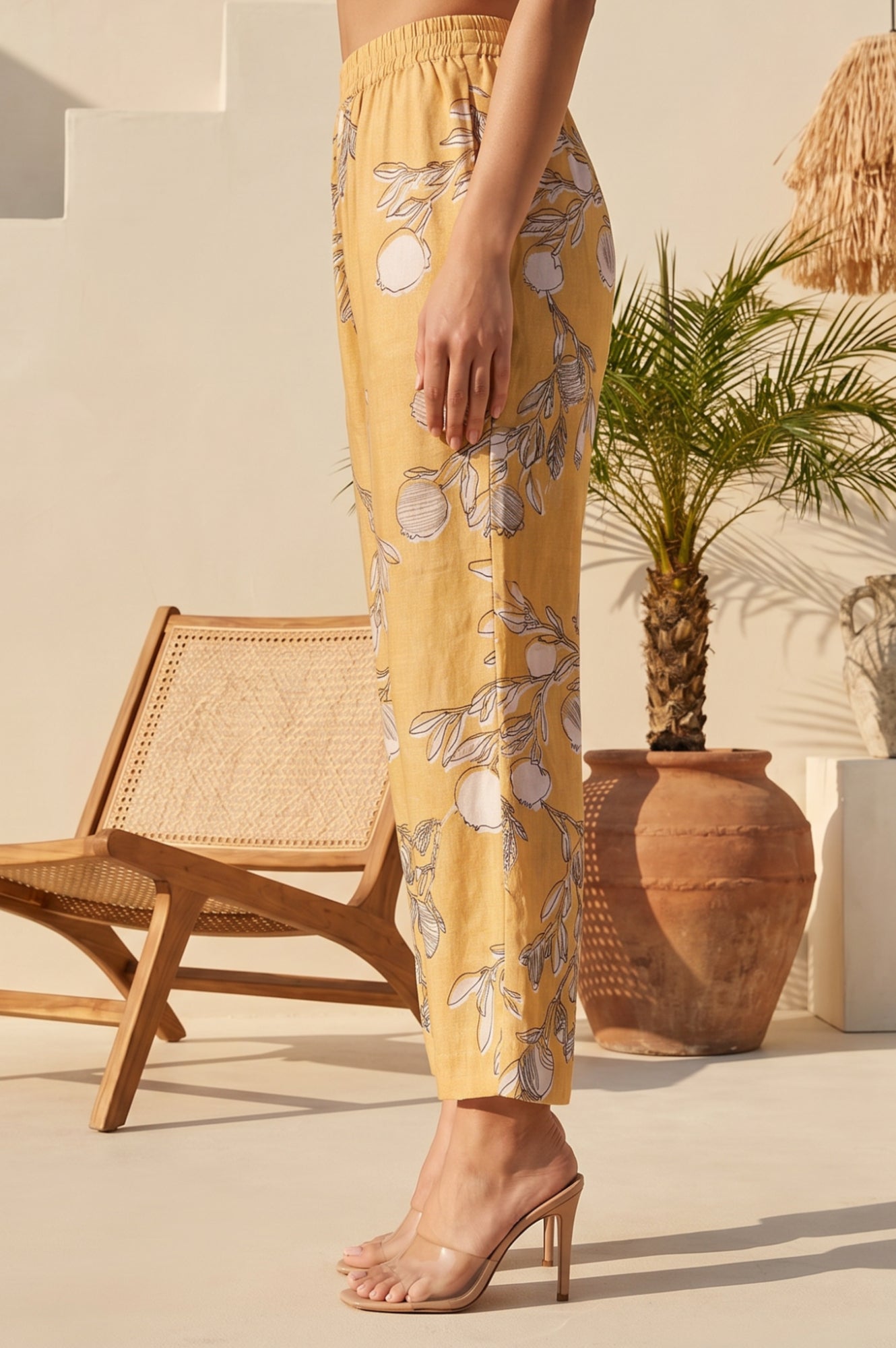 Mustard Floral Printed Straight Fit Mid Rise Pants