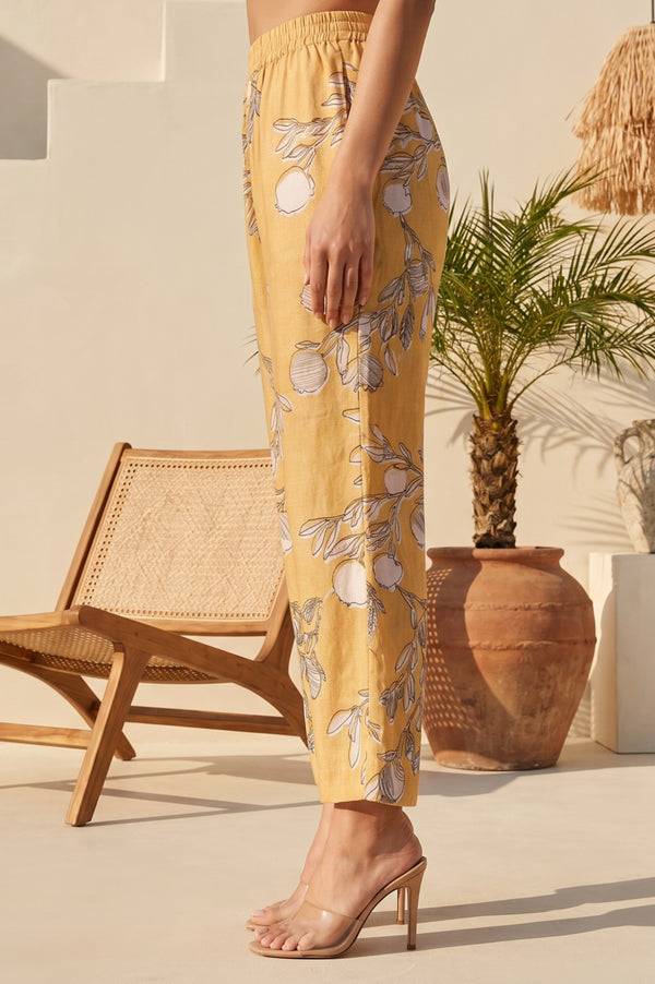 Mustard Floral Printed Straight Fit Mid Rise Pants