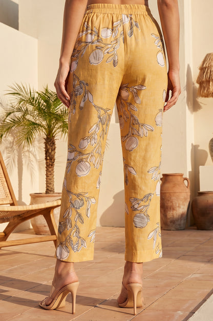 Mustard Floral Printed Straight Fit Mid Rise Pants