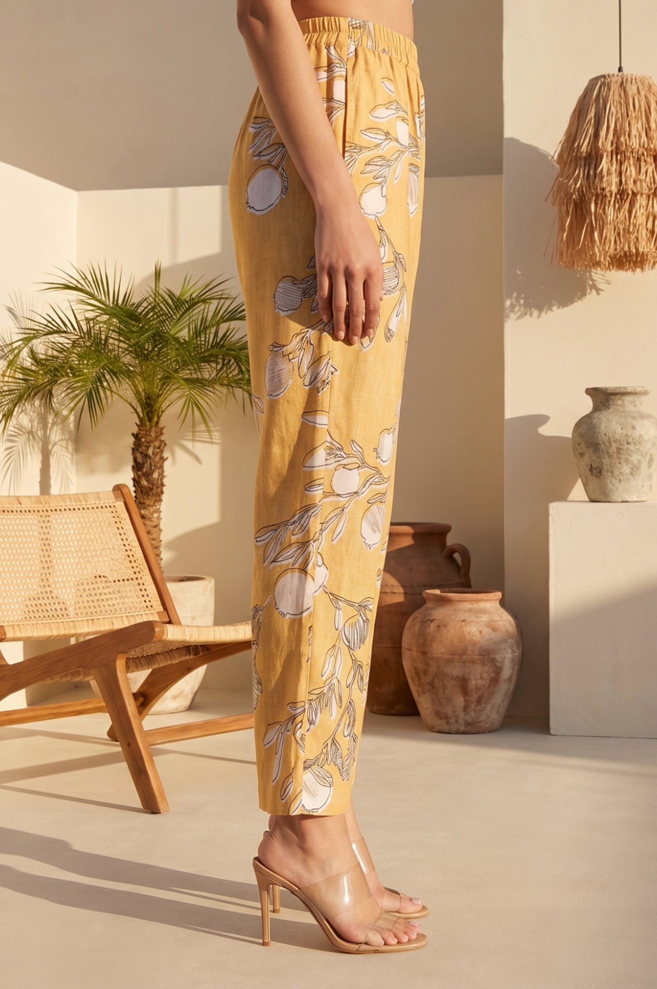 Mustard Floral Printed Straight Fit Mid Rise Pants