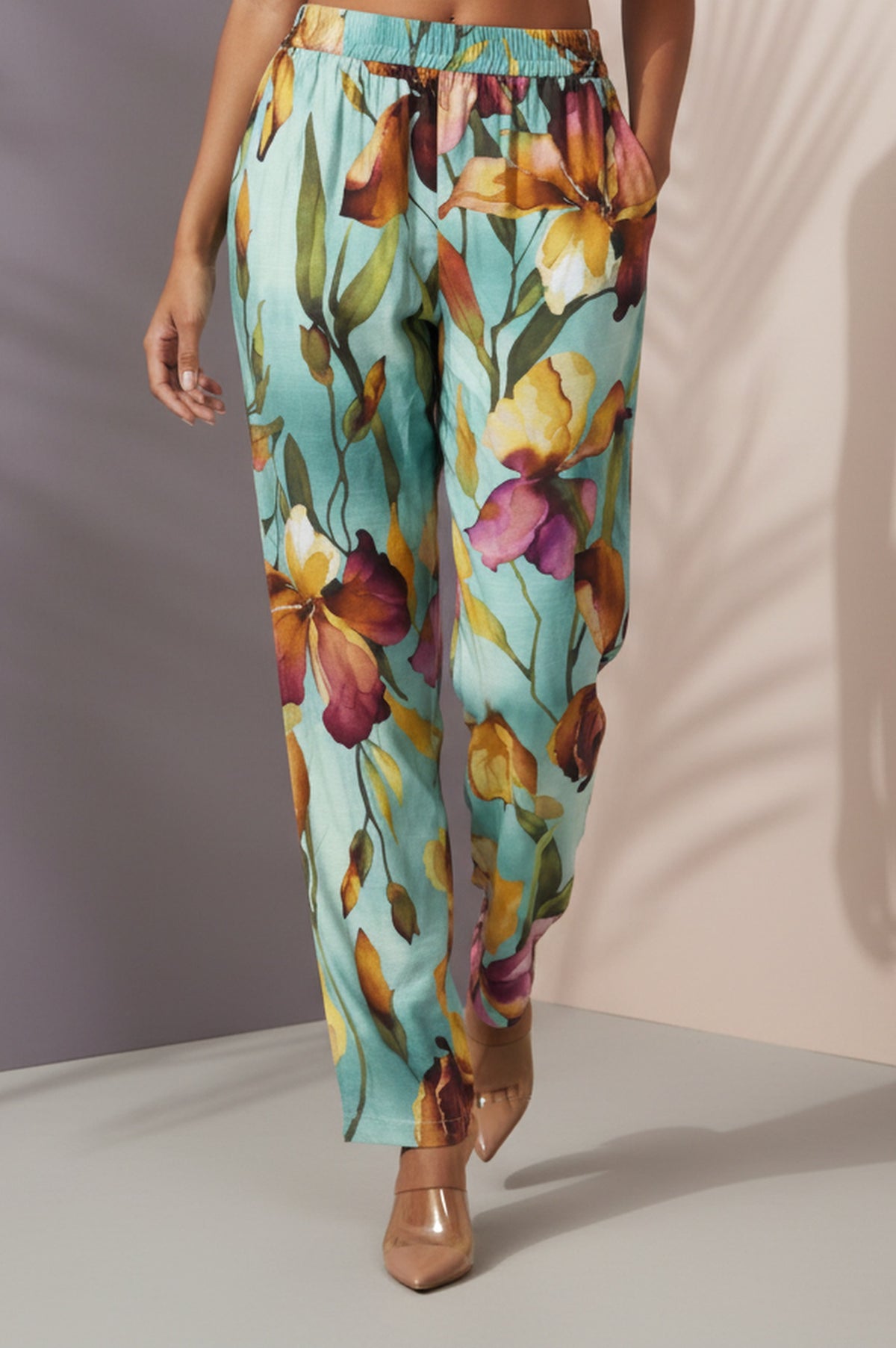 Turquoise Blue Floral Printed Straight Ankle Length Pants - XS