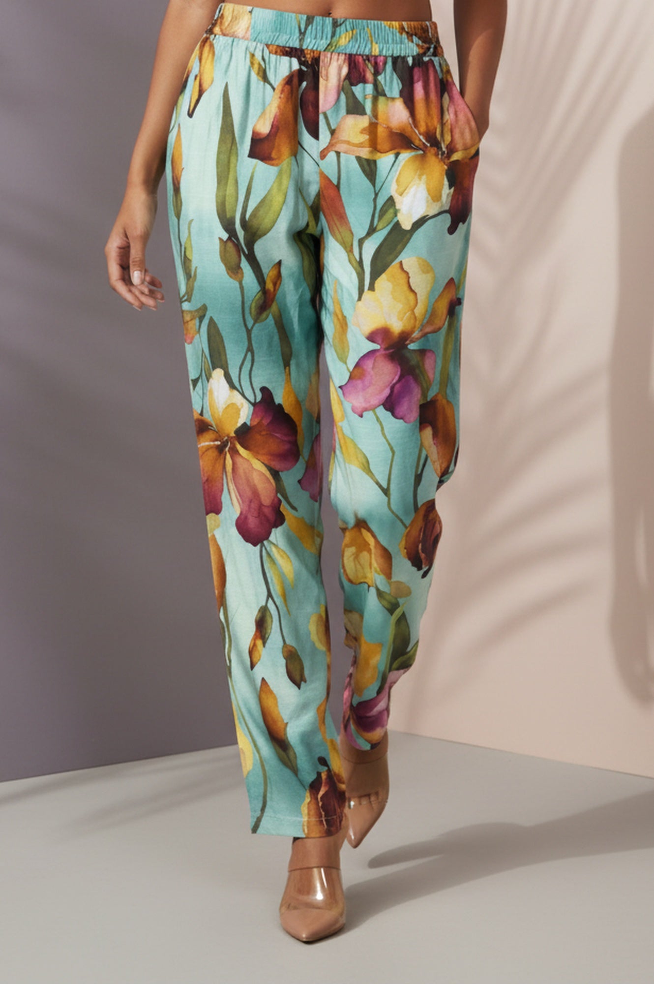 Turquoise Blue Floral Printed Straight Ankle Length Pants
