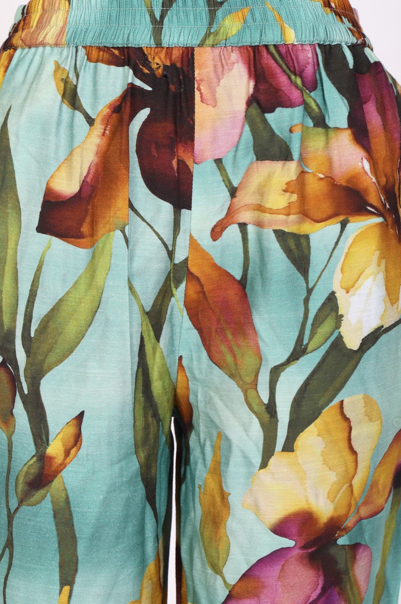 Turquoise Blue Floral Printed Straight Ankle Length Pants