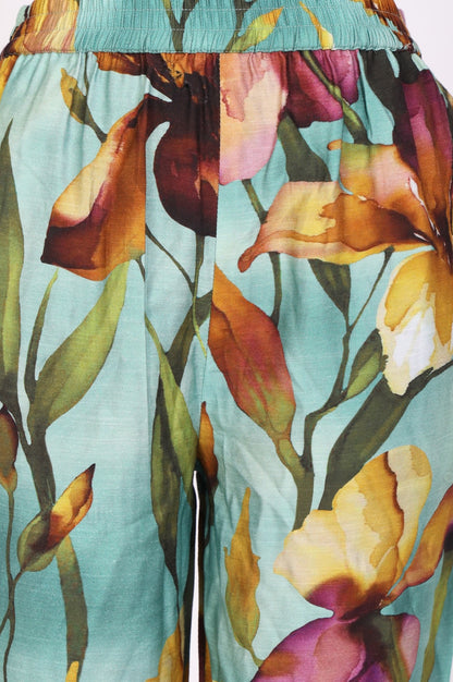 Turquoise Blue Floral Printed Straight Ankle Length Pants