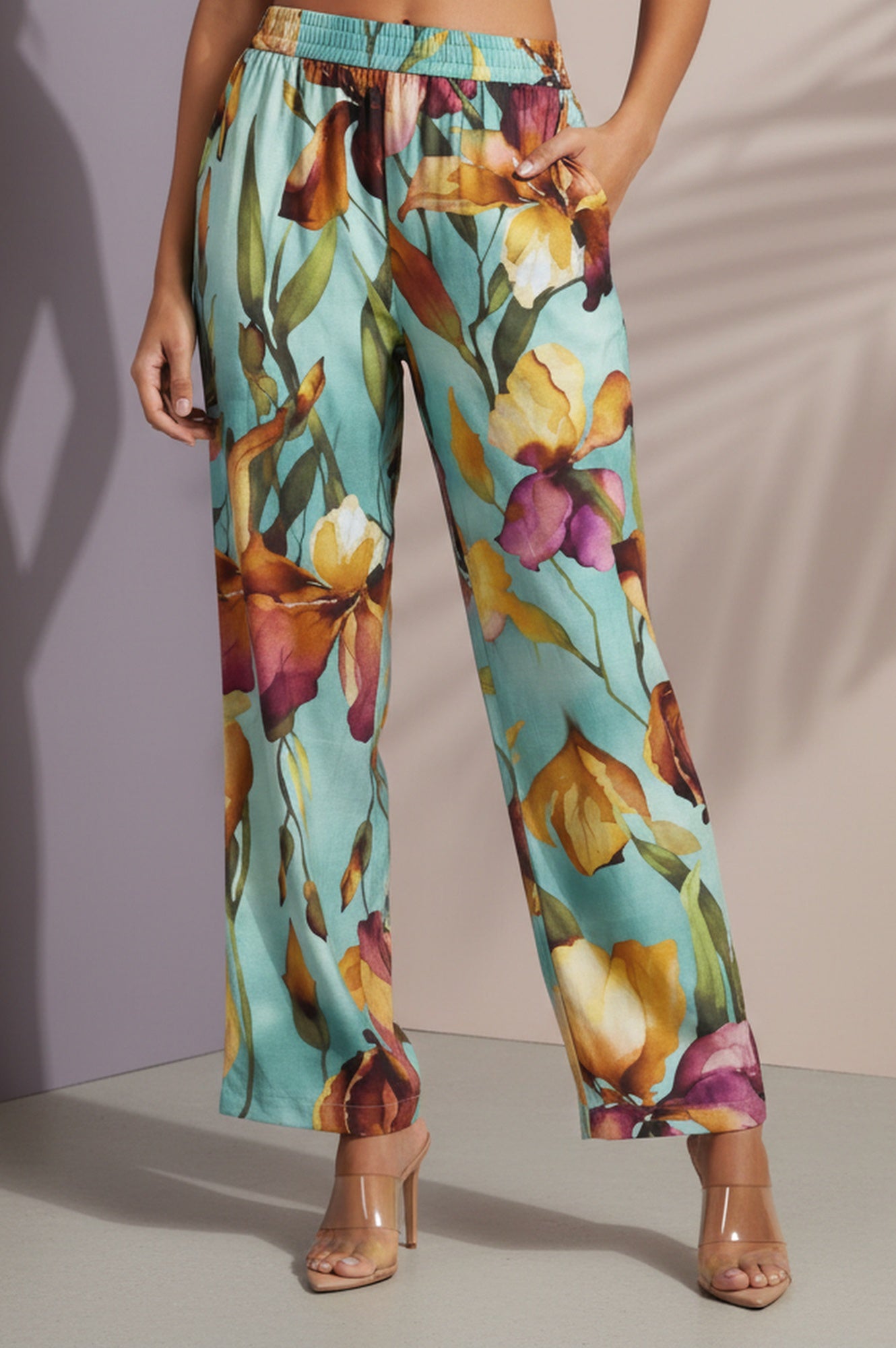 Turquoise Blue Floral Printed Straight Ankle Length Pants