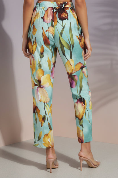 Turquoise Blue Floral Printed Straight Ankle Length Pants