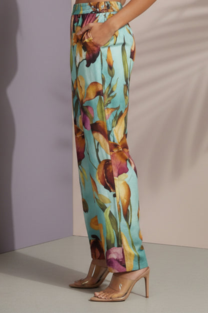 Turquoise Blue Floral Printed Straight Ankle Length Pants