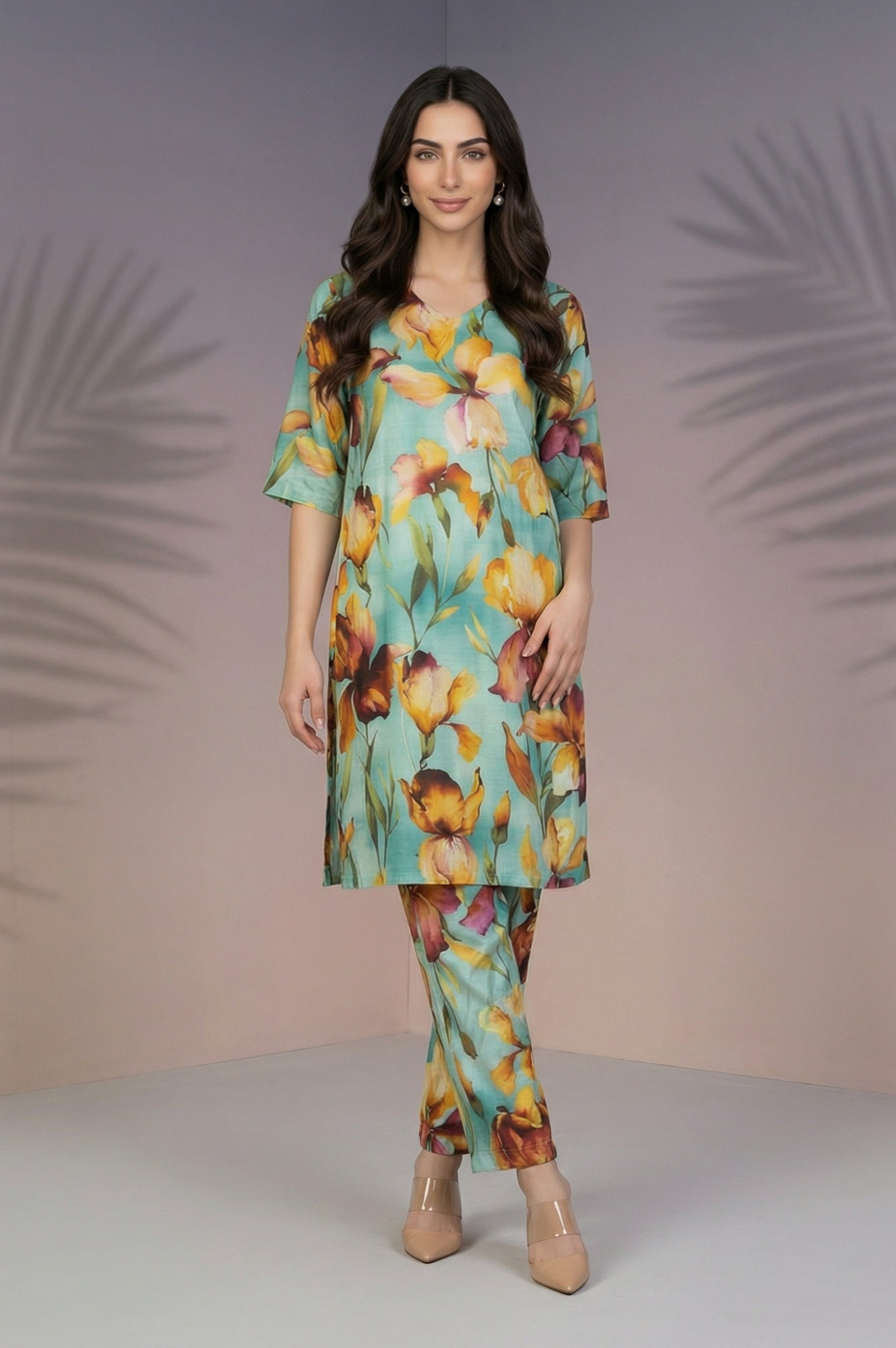 Turquoise Blue Floral Printed Straight Ankle Length Pants
