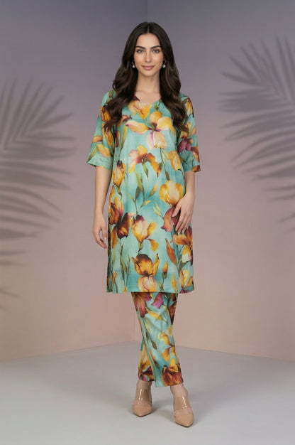 Turquoise Blue Floral Printed Straight Ankle Length Pants