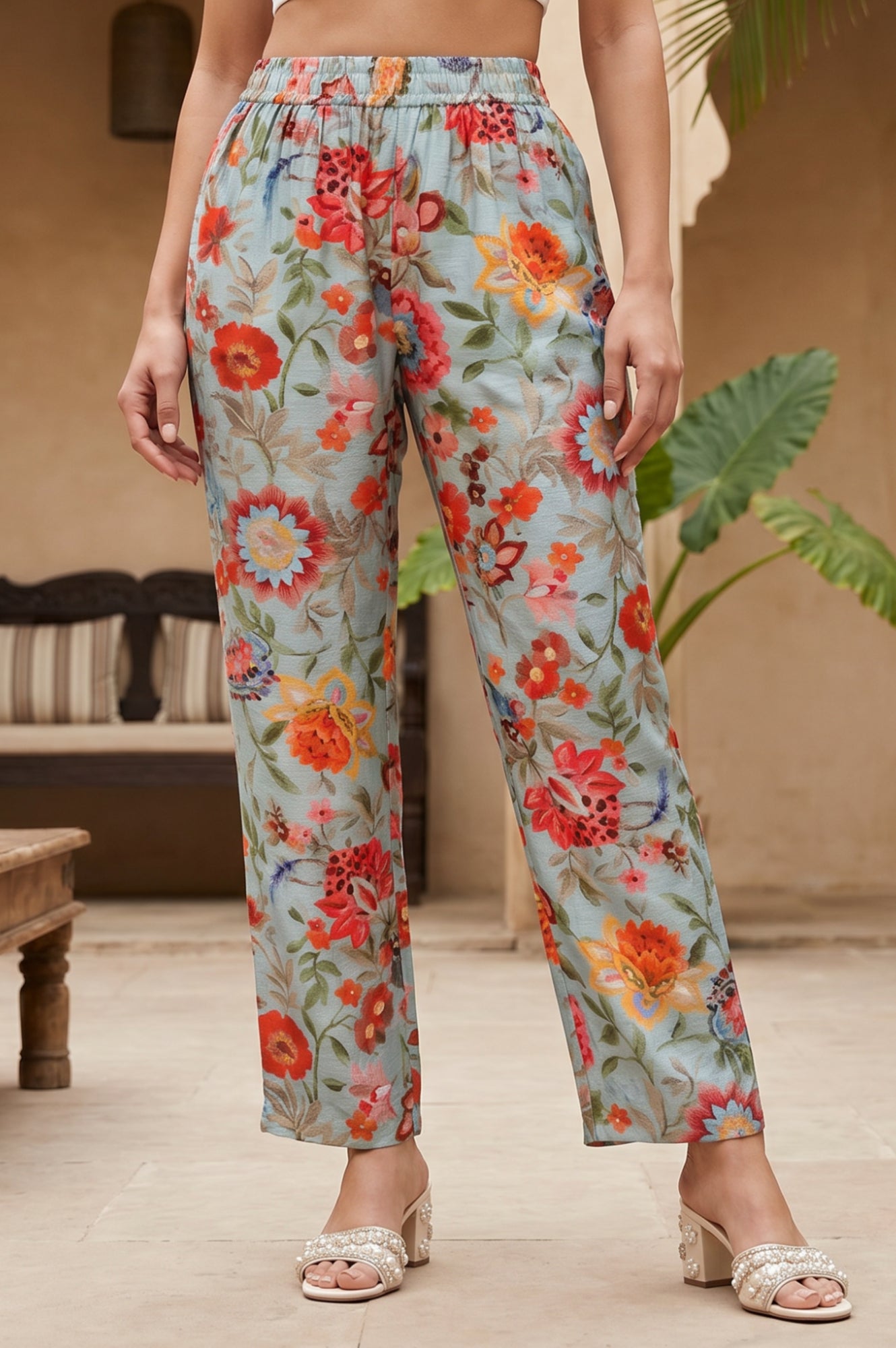 Teal Floral Printed Ankle Length Mid Rise Straight Pant