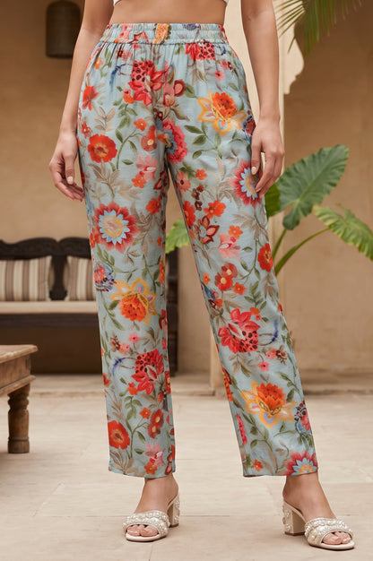 Teal Floral Printed Ankle Length Mid Rise Straight Pant