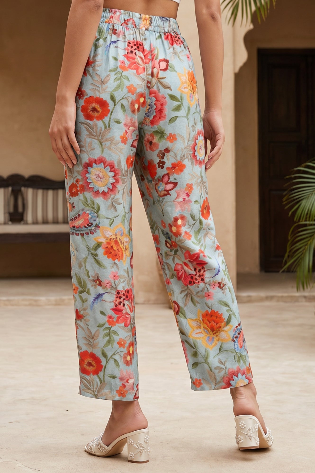 Teal Floral Printed Ankle Length Mid Rise Straight Pant