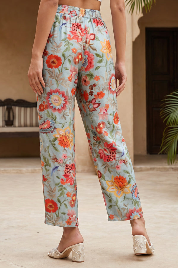 Teal Floral Printed Ankle Length Mid Rise Straight Pant
