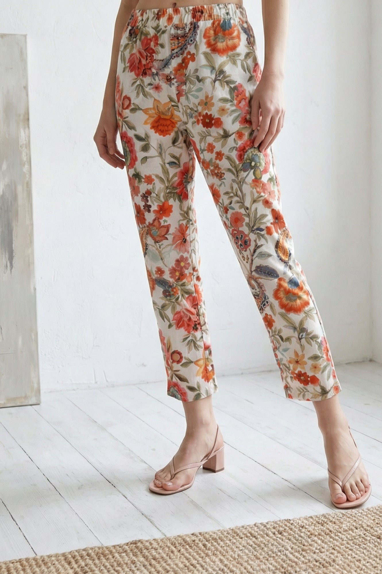 White Floral Printed Straight Fit Pants