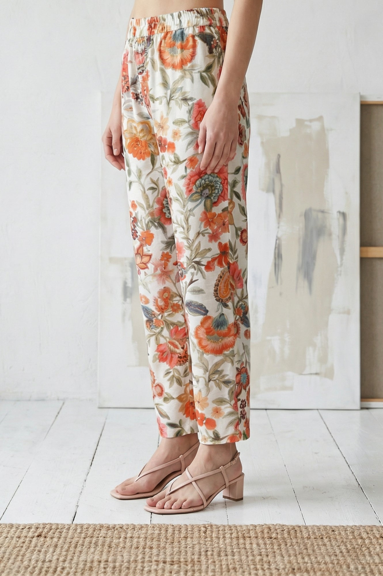 White Floral Printed Straight Fit Pants