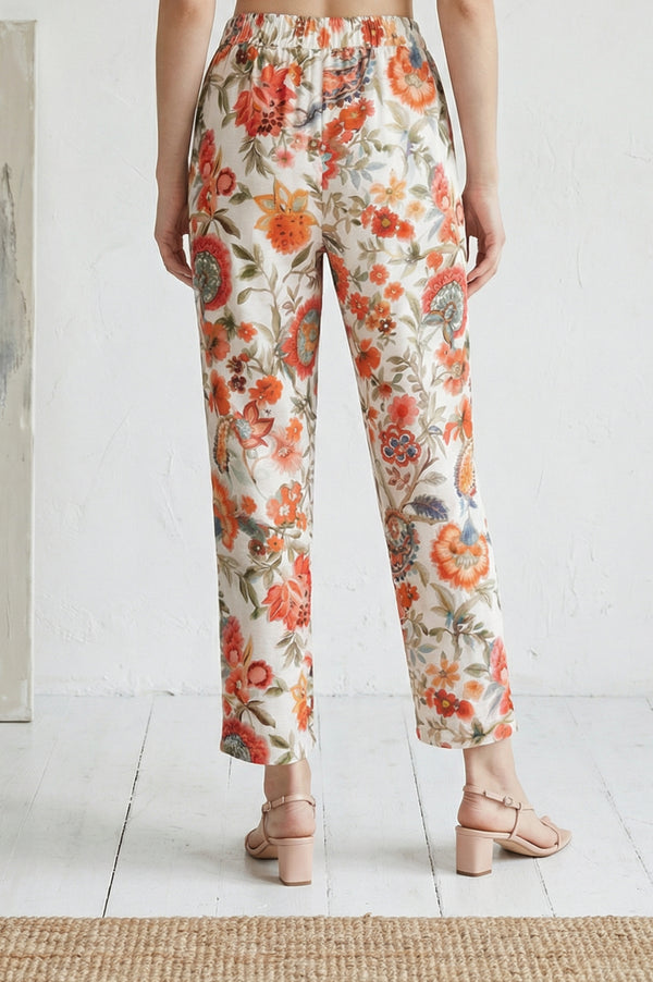 White Floral Printed Straight Fit Pants