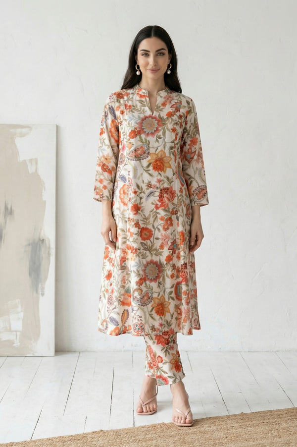 White Floral Printed Straight Fit Pants