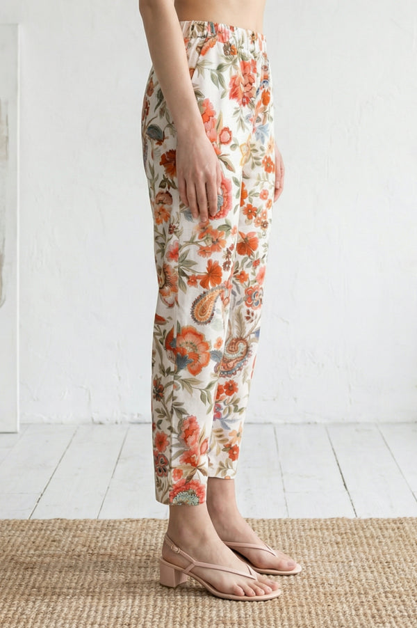 White Floral Printed Straight Fit Pants