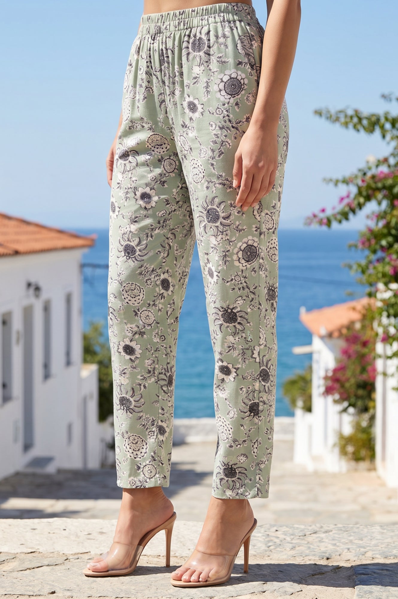 Mint Green Thread Embroidered Floral Straight Fit Ankle Length Mid Rise Pants