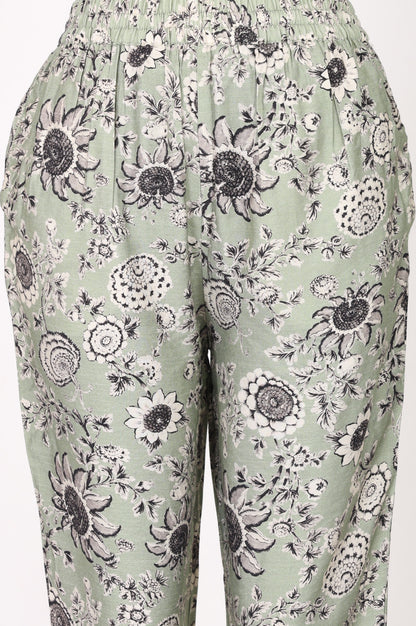 Mint Green Thread Embroidered Floral Straight Fit Ankle Length Mid Rise Pants