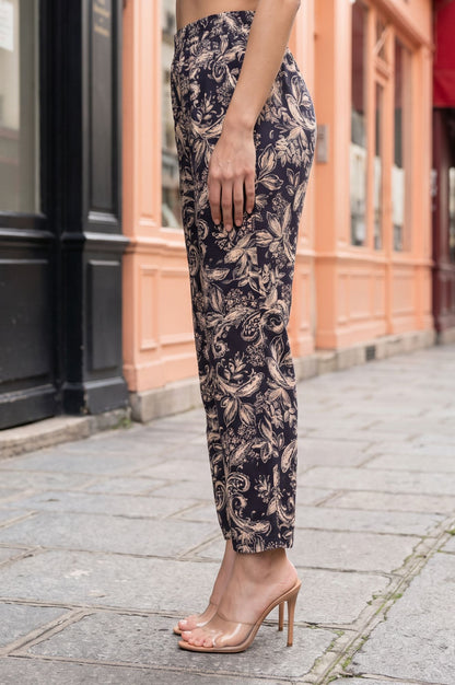 Navy Blue Floral Printed Straight Fit Ankle Length Pants
