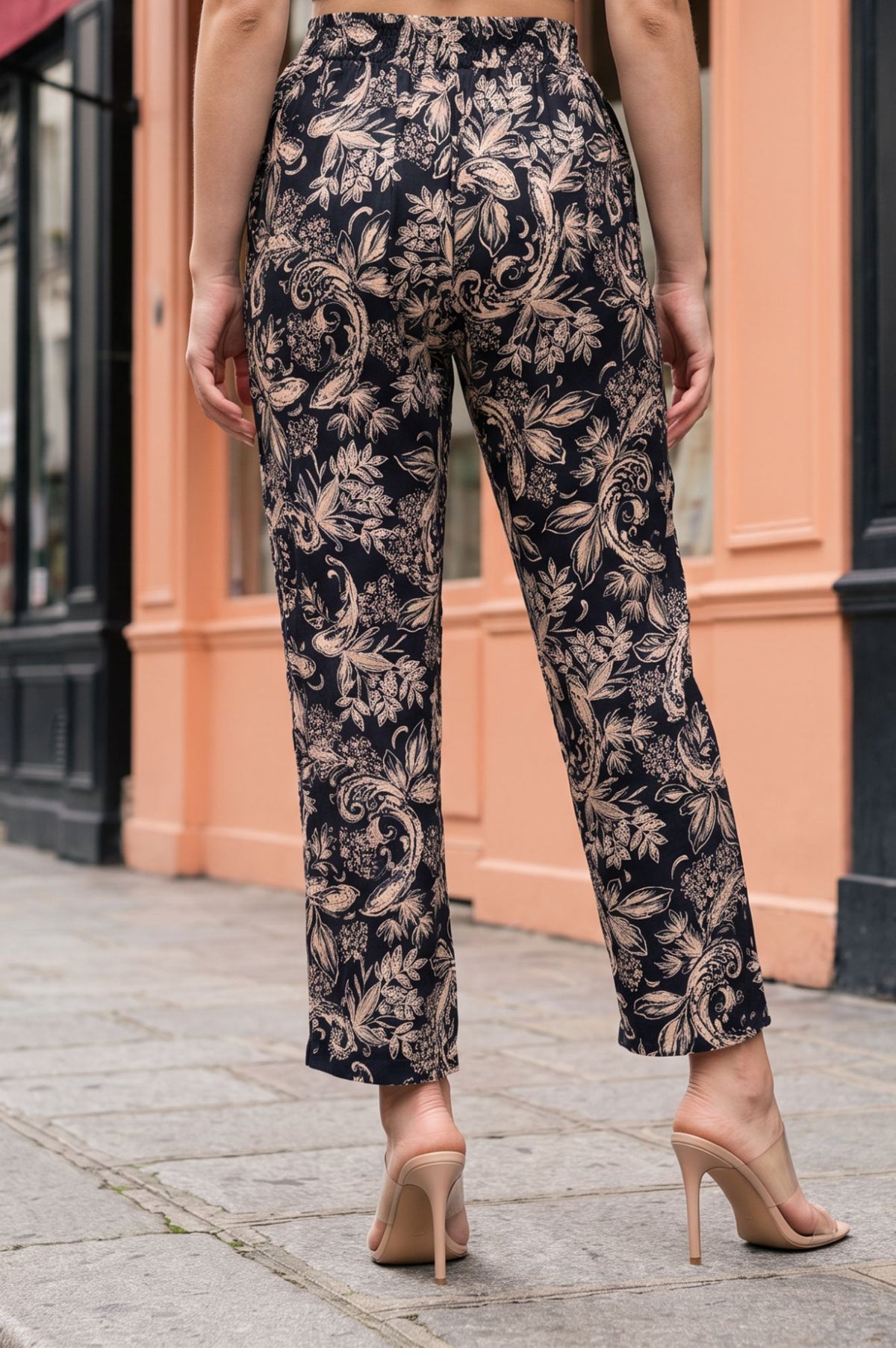 Navy Blue Floral Printed Straight Fit Ankle Length Pants