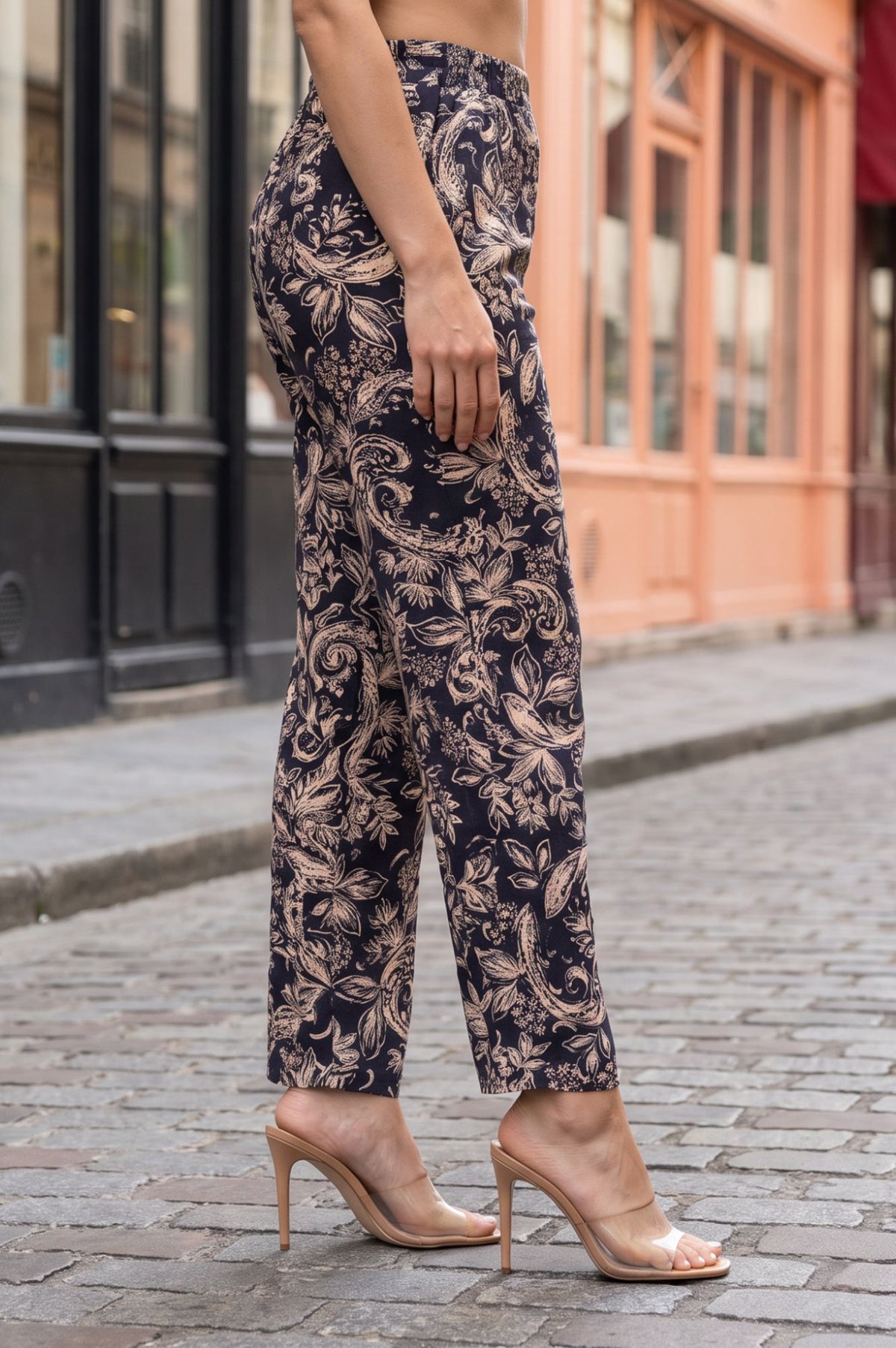 Navy Blue Floral Printed Straight Fit Ankle Length Pants