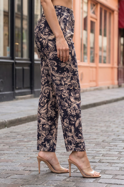 Navy Blue Floral Printed Straight Fit Ankle Length Pants