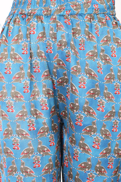 Blue Thread Embroidered Satin Straight Fit Mid Rise Pant