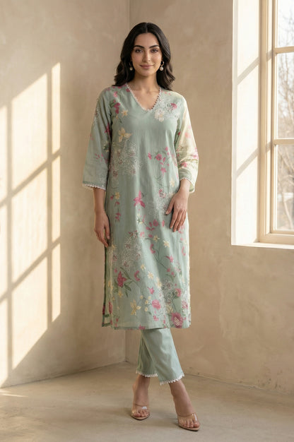 Sea Green Solid Lace Straight Fit Ankle Length Pants