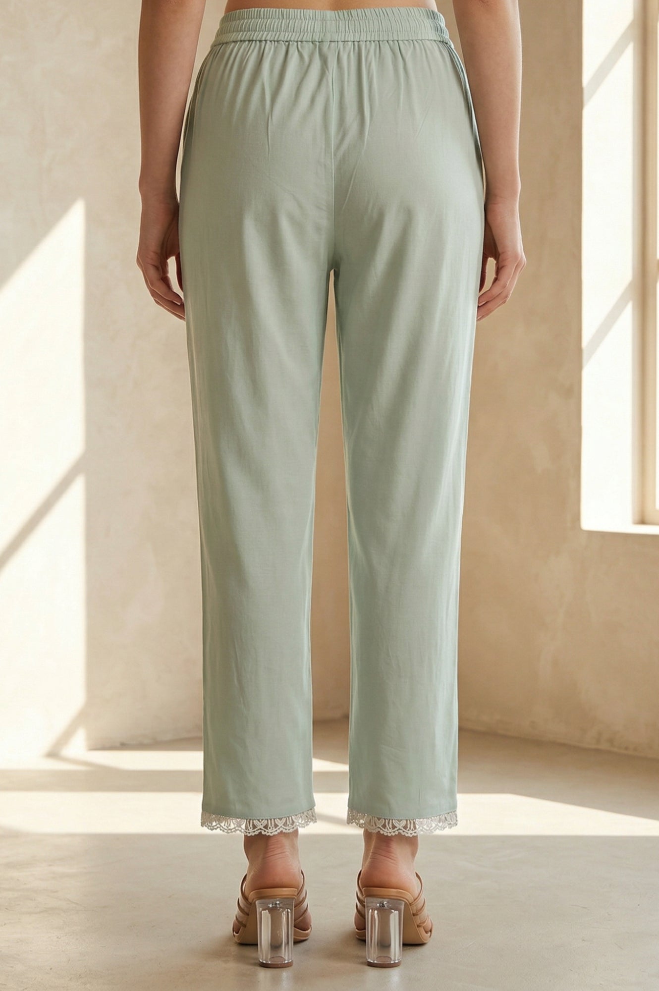 Sea Green Solid Lace Straight Fit Ankle Length Pants