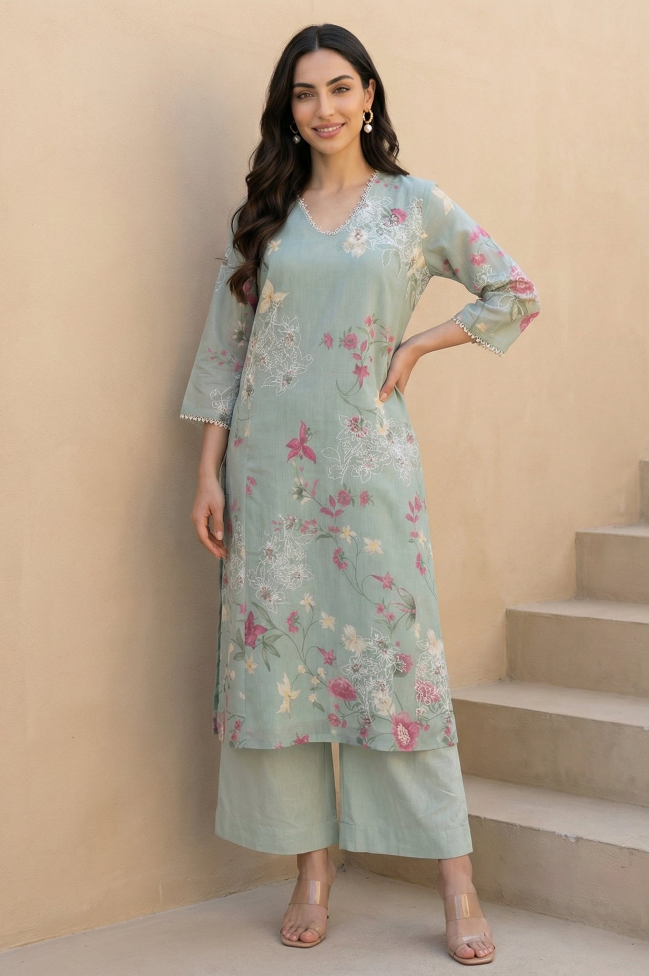 Green Solid Rayon Wide Leg Flared Pants