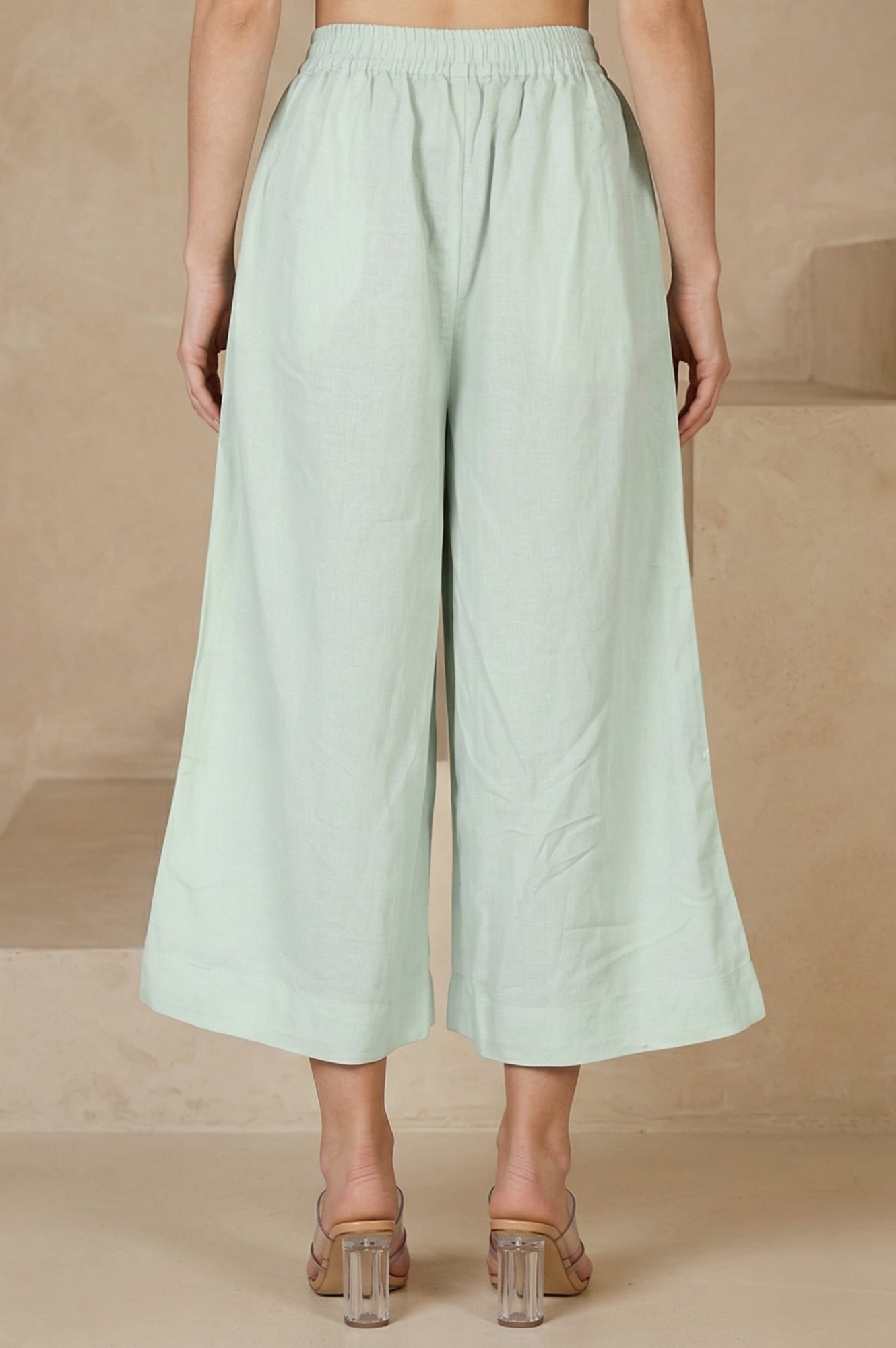 Green Solid Rayon Wide Leg Flared Pants