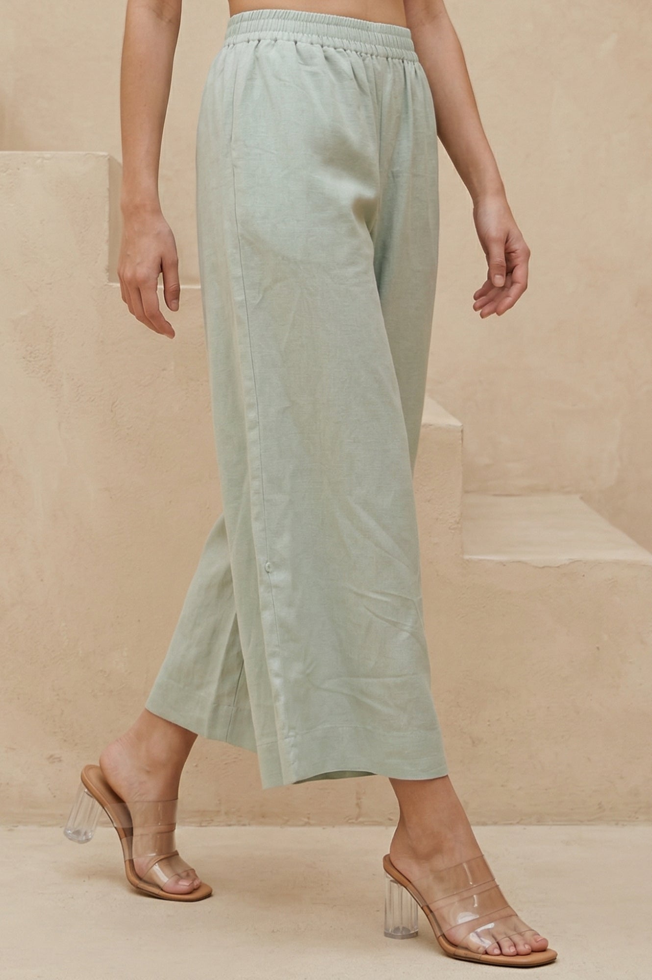 Green Solid Rayon Wide Leg Flared Pants