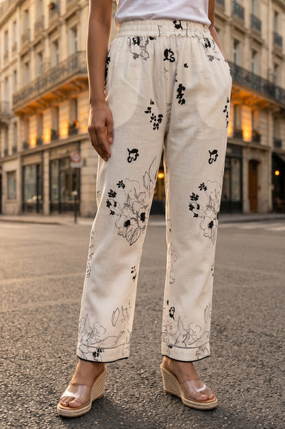 Off White Floral Printed Cotton Blend Ankle Length Pants