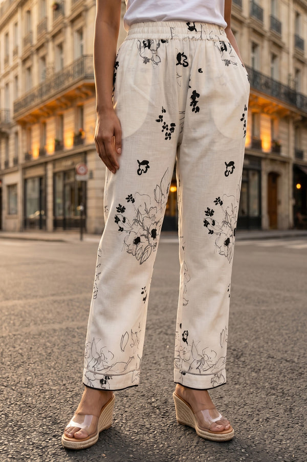 Off White Floral Printed Cotton Blend Ankle Length Pants