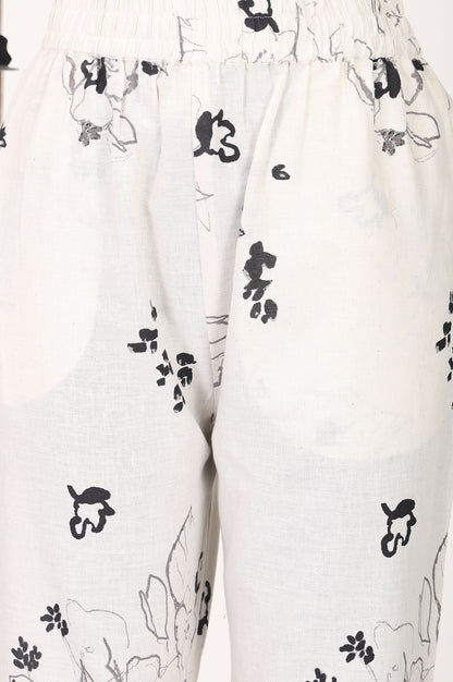 Off White Floral Printed Cotton Blend Ankle Length Pants