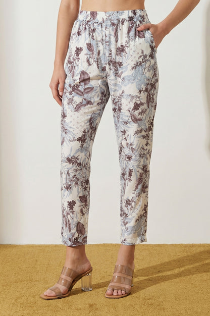 Off White Floral Printed Straight Fit Ankle Length Pants
