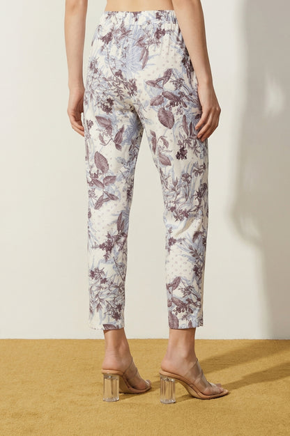 Off White Floral Printed Straight Fit Ankle Length Pants