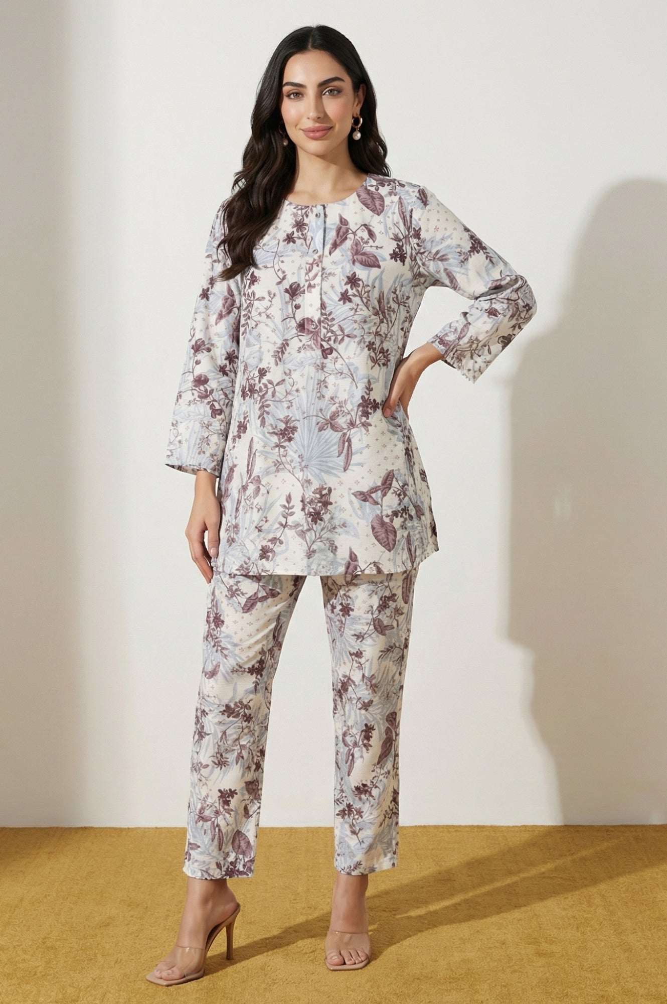 Off White Floral Printed Straight Fit Ankle Length Pants