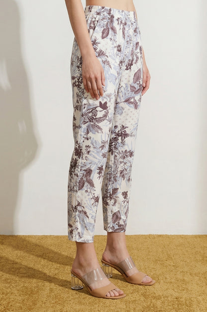 Off White Floral Printed Straight Fit Ankle Length Pants