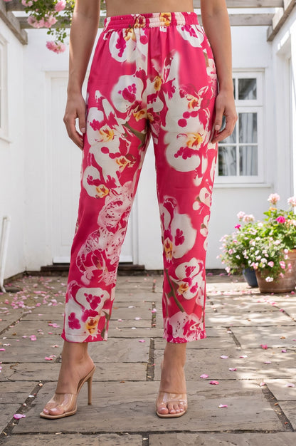 Pink Floral Printed Thread Embroidered Modal Straight Fit Ankle Length Mid Rise Pants