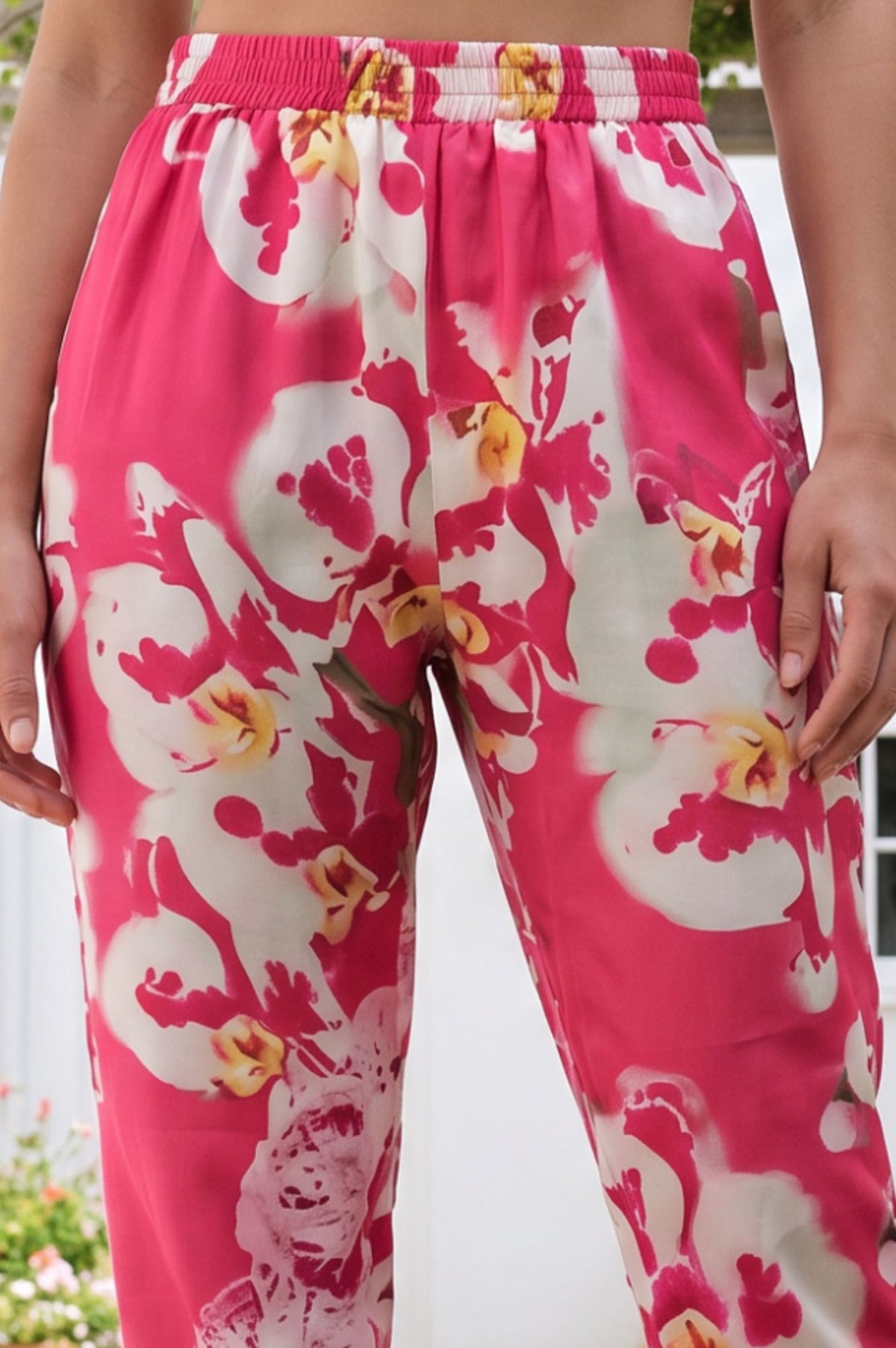 Pink Floral Printed Thread Embroidered Modal Straight Fit Ankle Length Mid Rise Pants