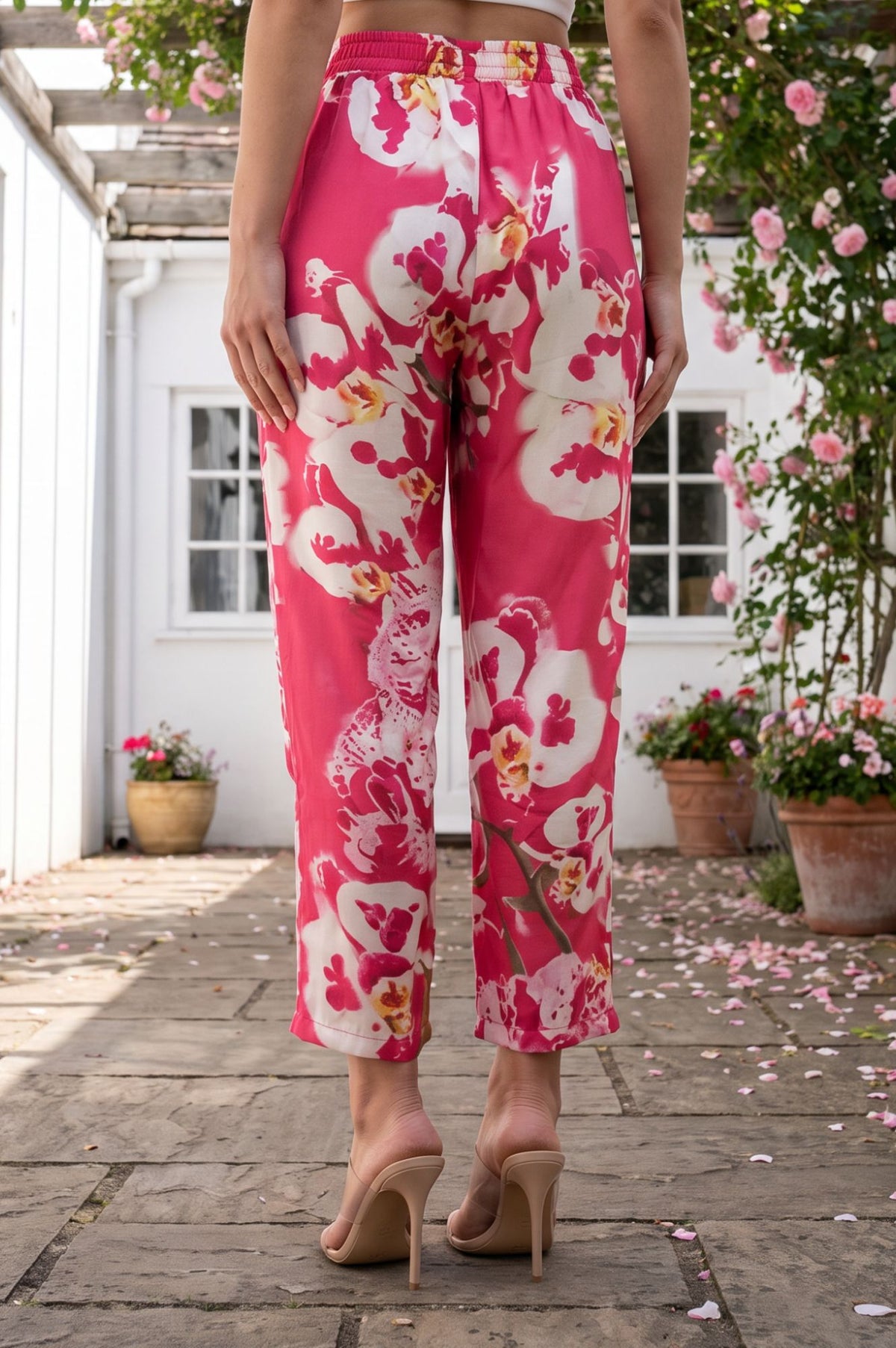 Pink Floral Printed Thread Embroidered Modal Straight Fit Ankle Length Mid Rise Pants