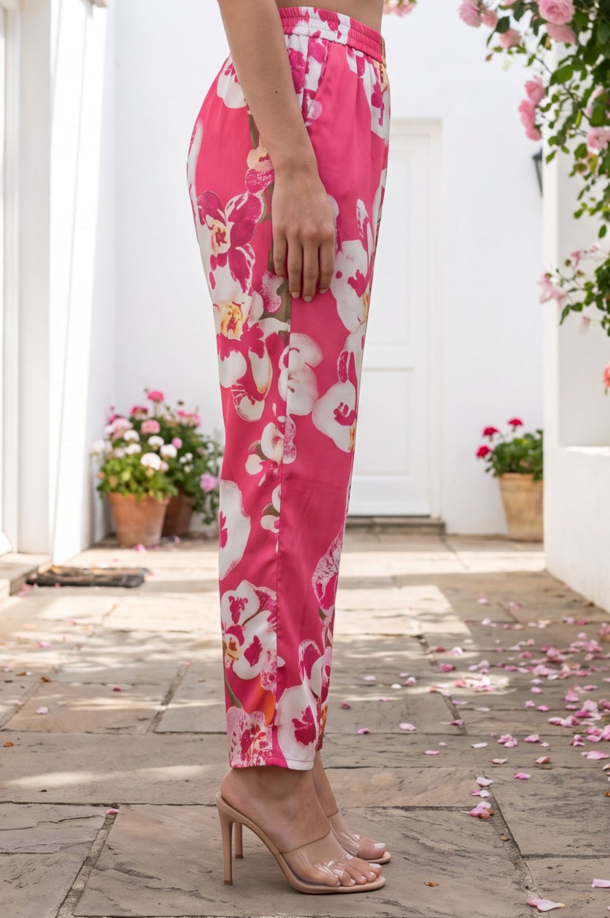 Pink Floral Printed Thread Embroidered Modal Straight Fit Ankle Length Mid Rise Pants