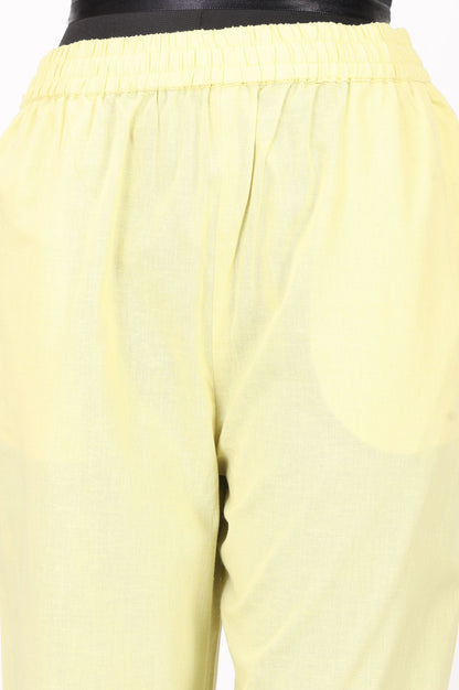Yellow Solid Buttons Cotton Flax Straight Fit Ankle Length Mid Rise Pants