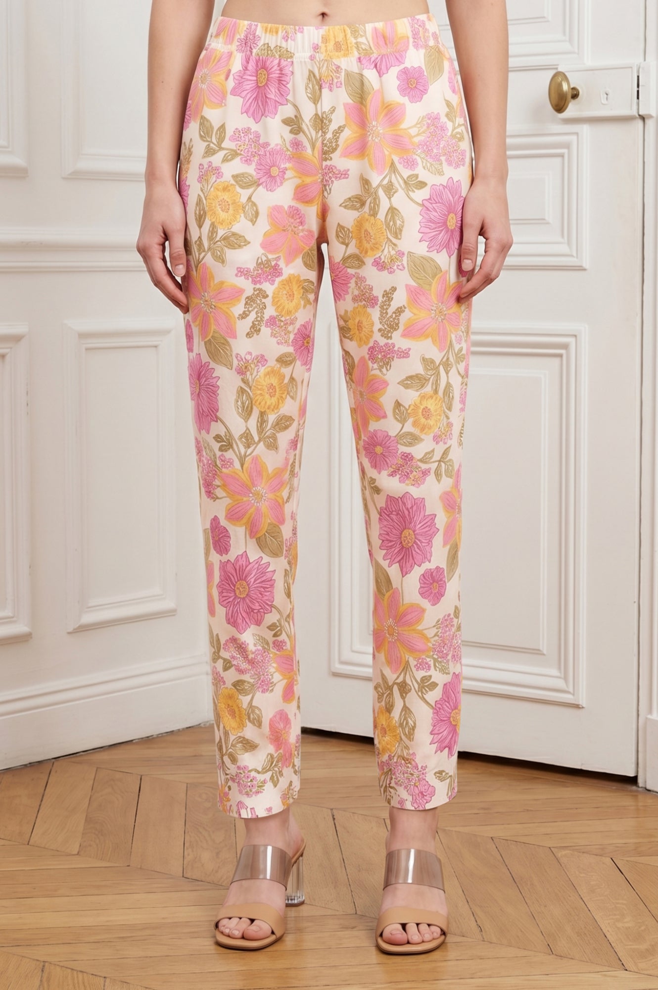 Off White Floral Printed Rayon Straight Fit Ankle Length Pants